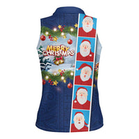 Merry Christmas Women Sleeveless Polo Shirt Funny Santa Claus Cards Photo and Polynesian Pattern Blue Color LT03 - Polynesian Pride
