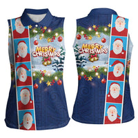 Merry Christmas Women Sleeveless Polo Shirt Funny Santa Claus Cards Photo and Polynesian Pattern Blue Color LT03 - Polynesian Pride