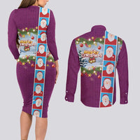 Merry Christmas Couples Matching Long Sleeve Bodycon Dress and Long Sleeve Button Shirt Funny Santa Claus Cards Photo and Polynesian Pattern Pink Color LT03 - Polynesian Pride