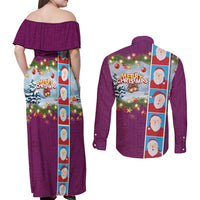 Merry Christmas Couples Matching Off Shoulder Maxi Dress and Long Sleeve Button Shirt Funny Santa Claus Cards Photo and Polynesian Pattern Pink Color LT03 - Polynesian Pride