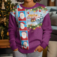 Merry Christmas Kid Ugly Christmas Sweater Funny Santa Claus Cards Photo and Polynesian Pattern Pink Color