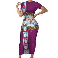 Merry Christmas Short Sleeve Bodycon Dress Funny Santa Claus Cards Photo and Polynesian Pattern Pink Color LT03 Long Dress Pink - Polynesian Pride