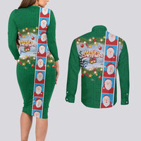 Merry Christmas Couples Matching Long Sleeve Bodycon Dress and Long Sleeve Button Shirt Funny Santa Claus Cards Photo and Polynesian Pattern Green Color LT03 - Polynesian Pride
