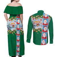 Merry Christmas Couples Matching Off Shoulder Maxi Dress and Long Sleeve Button Shirt Funny Santa Claus Cards Photo and Polynesian Pattern Green Color LT03 - Polynesian Pride