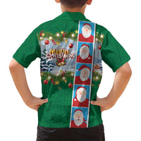 Merry Christmas Family Matching Summer Maxi Dress and Hawaiian Shirt Funny Santa Claus Cards Photo and Polynesian Pattern Green Color