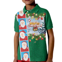Merry Christmas Kid Polo Shirt Funny Santa Claus Cards Photo and Polynesian Pattern Green Color
