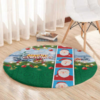 Merry Christmas Round Carpet Funny Santa Claus Cards Photo and Polynesian Pattern Green Color