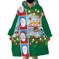 Merry Christmas Wearable Blanket Hoodie Funny Santa Claus Cards Photo and Polynesian Pattern Green Color