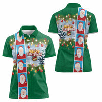 Merry Christmas Women Polo Shirt Funny Santa Claus Cards Photo and Polynesian Pattern Green Color