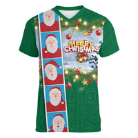 Merry Christmas Women V-Neck T-Shirt Funny Santa Claus Cards Photo and Polynesian Pattern Green Color LT03 Female Green - Polynesian Pride