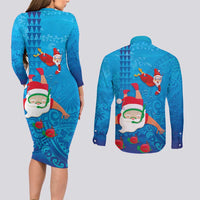 Hawaiian Santa Claus Snorkeling Couples Matching Long Sleeve Bodycon Dress and Long Sleeve Button Shirt Kakau and Polynesian Pattern