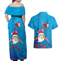 Hawaiian Santa Claus Snorkeling Couples Matching Off Shoulder Maxi Dress and Hawaiian Shirt Kakau and Polynesian Pattern