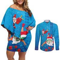 Hawaiian Santa Claus Snorkeling Couples Matching Off Shoulder Short Dress and Long Sleeve Button Shirt Kakau and Polynesian Pattern