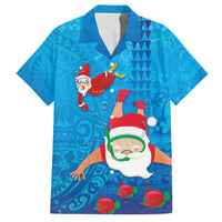 Hawaiian Santa Claus Snorkeling Family Matching Long Sleeve Bodycon Dress and Hawaiian Shirt Kakau and Polynesian Pattern LT03 Dad's Shirt - Short Sleeve Blue - Polynesian Pride