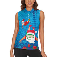 Hawaiian Santa Claus Snorkeling Women Sleeveless Polo Shirt Kakau and Polynesian Pattern