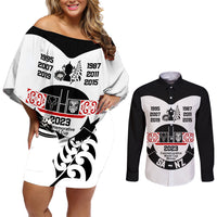 South Africa and New Zealand Couples Matching Off Shoulder Short Dress and Long Sleeve Button Shirt Champion History Go Final 2023 Vintage Style LT03 White - Polynesian Pride