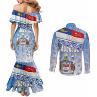New Zealand Auckland Couples Matching Mermaid Dress and Long Sleeve Button Shirt Auckland's Flag and Coat of Arms - Koru Art Maori Pattern