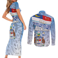 New Zealand Auckland Couples Matching Short Sleeve Bodycon Dress and Long Sleeve Button Shirt Auckland's Flag and Coat of Arms - Koru Art Maori Pattern