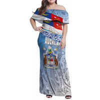 New Zealand Auckland Family Matching Off Shoulder Maxi Dress and Hawaiian Shirt Auckland's Flag and Coat of Arms - Koru Art Maori Pattern LT03 Mom's Dress Light Blue - Polynesian Pride
