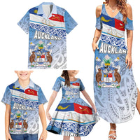 New Zealand Auckland Family Matching Summer Maxi Dress and Hawaiian Shirt Auckland's Flag and Coat of Arms - Koru Art Maori Pattern LT03 - Polynesian Pride