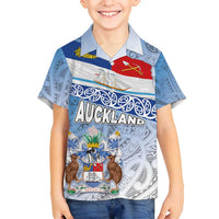 New Zealand Auckland Family Matching Summer Maxi Dress and Hawaiian Shirt Auckland's Flag and Coat of Arms - Koru Art Maori Pattern LT03 Son's Shirt Light Blue - Polynesian Pride