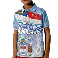 New Zealand Auckland Kid Polo Shirt Auckland's Flag and Coat of Arms - Koru Art Maori Pattern