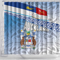 New Zealand Auckland Shower Curtain Auckland's Flag and Coat of Arms - Koru Art Maori Pattern