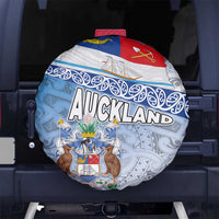 New Zealand Auckland Spare Tire Cover Auckland's Flag and Coat of Arms - Koru Art Maori Pattern
