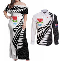 New Zealand Auckland Couples Matching Off Shoulder Maxi Dress and Long Sleeve Button Shirt Auckland's Emblem and Silver Ferns - Maori Art Tattoo