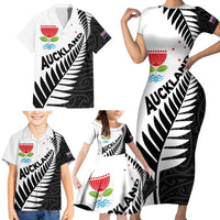 New Zealand Auckland Family Matching Short Sleeve Bodycon Dress and Hawaiian Shirt Auckland's Emblem and Silver Ferns - Maori Art Tattoo