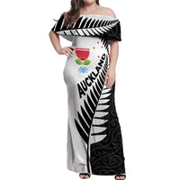 New Zealand Auckland Off Shoulder Maxi Dress Auckland's Emblem and Silver Ferns - Maori Art Tattoo LT03 Women Light Blue - Polynesian Pride
