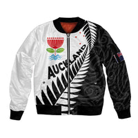 New Zealand Auckland Sleeve Zip Bomber Jacket Auckland's Emblem and Silver Ferns - Maori Art Tattoo LT03 Unisex Light Blue - Polynesian Pride