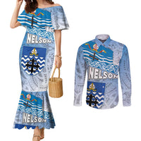 New Zealand Nelson Couples Matching Mermaid Dress and Long Sleeve Button Shirt Nelson's Flag and Seal - Maori Art Tattoo