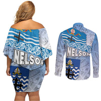 New Zealand Nelson Couples Matching Off Shoulder Short Dress and Long Sleeve Button Shirt Nelson's Flag and Seal - Maori Art Tattoo