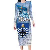 New Zealand Nelson Long Sleeve Bodycon Dress Nelson's Flag and Seal - Maori Art Tattoo LT03 Long Dress White - Polynesian Pride