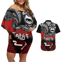 Aotearoa Toitu Te Tiriti Couples Matching Off Shoulder Short Dress and Hawaiian Shirt New Zealand Honour the Treaty - Fight Together