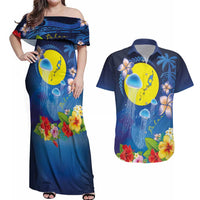 Palau Jellyfish Couples Matching Off Shoulder Maxi Dress and Hawaiian Shirt Ocean Heritage Tropical Plants - Polynesian Pride