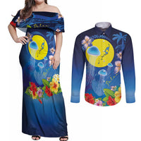 Palau Jellyfish Couples Matching Off Shoulder Maxi Dress and Long Sleeve Button Shirt Ocean Heritage Tropical Plants - Polynesian Pride
