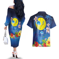 Palau Jellyfish Couples Matching Off The Shoulder Long Sleeve Dress and Hawaiian Shirt Ocean Heritage Tropical Plants LT03 - Polynesian Pride