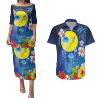 Palau Jellyfish Couples Matching Puletasi and Hawaiian Shirt Ocean Heritage Tropical Plants LT03 Blue - Polynesian Pride