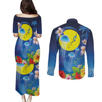 Palau Jellyfish Couples Matching Puletasi and Long Sleeve Button Shirt Ocean Heritage Tropical Plants - Polynesian Pride