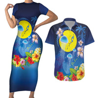 Palau Jellyfish Couples Matching Short Sleeve Bodycon Dress and Hawaiian Shirt Ocean Heritage Tropical Plants LT03 Blue - Polynesian Pride