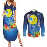 Palau Jellyfish Couples Matching Summer Maxi Dress and Long Sleeve Button Shirt Ocean Heritage Tropical Plants - Polynesian Pride