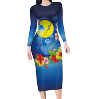 Palau Jellyfish Family Matching Long Sleeve Bodycon Dress and Hawaiian Shirt Ocean Heritage Tropical Plants LT03 Mom's Dress Blue - Polynesian Pride