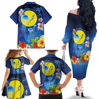 Palau Jellyfish Family Matching Off The Shoulder Long Sleeve Dress and Hawaiian Shirt Ocean Heritage Tropical Plants LT03 - Polynesian Pride