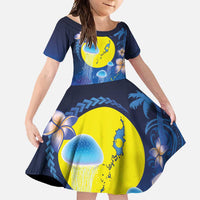 Palau Jellyfish Family Matching Off Shoulder Maxi Dress and Hawaiian Shirt Ocean Heritage Tropical Plants LT03 Daughter's Dress Blue - Polynesian Pride
