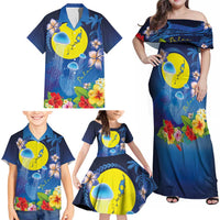 Palau Jellyfish Family Matching Off Shoulder Maxi Dress and Hawaiian Shirt Ocean Heritage Tropical Plants LT03 - Polynesian Pride