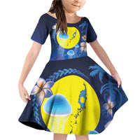 Palau Jellyfish Family Matching Off Shoulder Short Dress and Hawaiian Shirt Ocean Heritage Tropical Plants LT03 Daughter's Dress Blue - Polynesian Pride