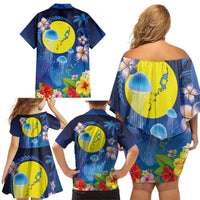 Palau Jellyfish Family Matching Off Shoulder Short Dress and Hawaiian Shirt Ocean Heritage Tropical Plants LT03 - Polynesian Pride