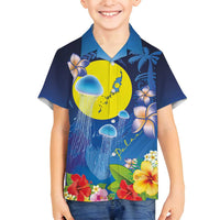 Palau Jellyfish Family Matching Off Shoulder Short Dress and Hawaiian Shirt Ocean Heritage Tropical Plants LT03 Son's Shirt Blue - Polynesian Pride